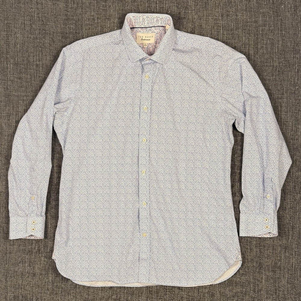 Flip Cuff Button Up Ted Baker Endurance Geometric Print 16 32/33 Blue